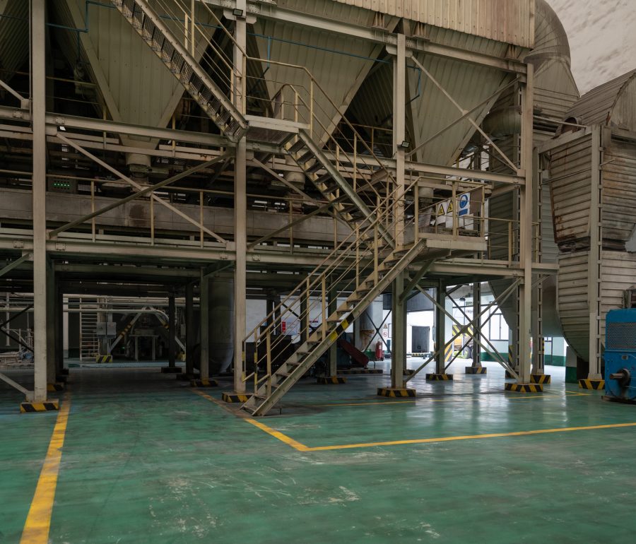 Interior view of factory buildings for urban waste treatment and recycling.
