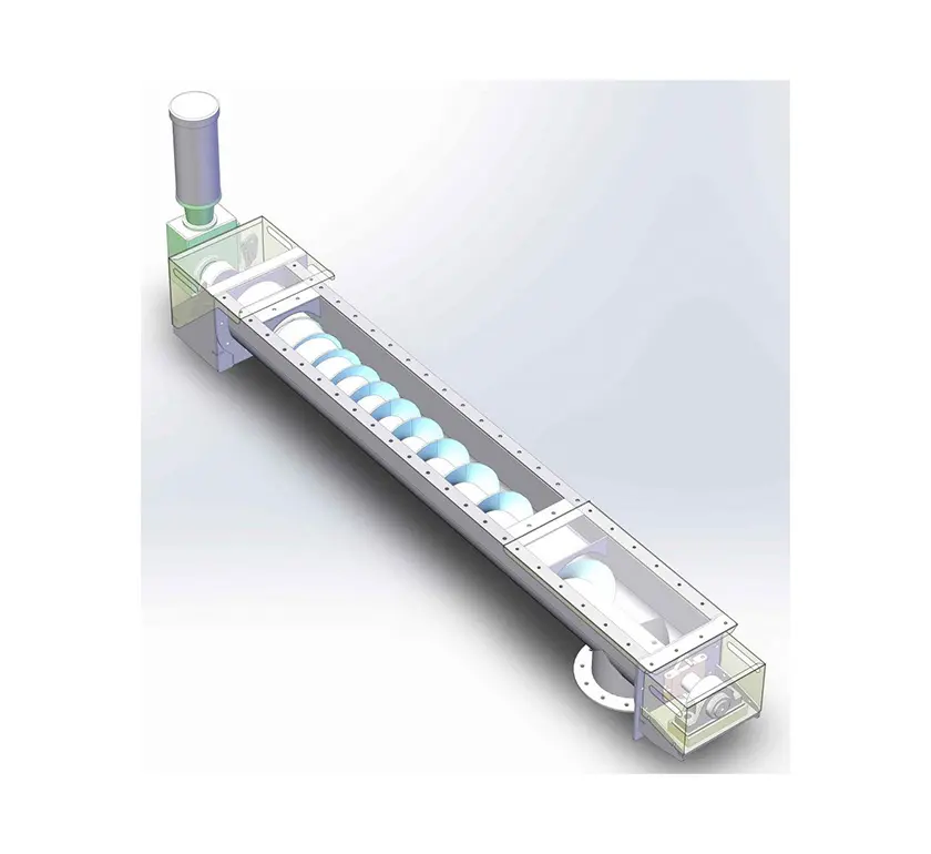 Mass flow screw designed to reliably meter material from a bin or hopper with an elongated outlet.