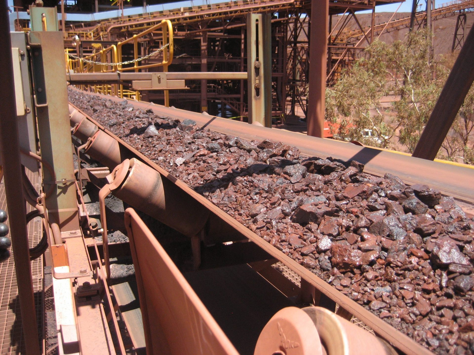 Minerals being transported on a conveying belt