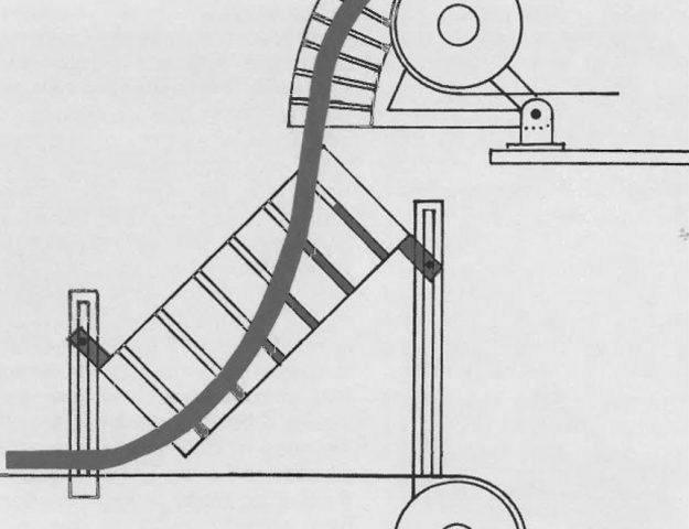 Jenike & Johanson's novel chute design for high-speed belt-to-belt material transfer (US Patent 4,646,910)